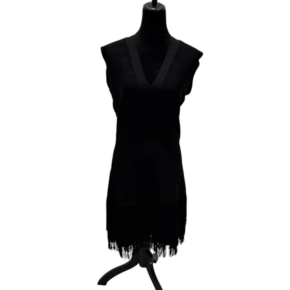 Venus Black Bandage V-Neck Fringe Hem Bodycon Dress Size 14 Sleeveless